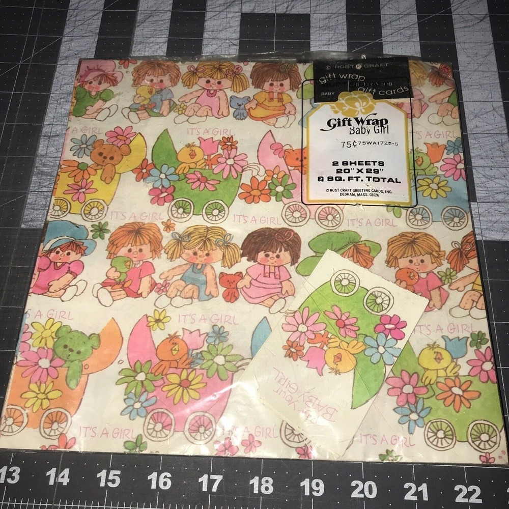Vintage MCM Baby Girl Gift Wrap Rust Craft 2 New Sheets 20"x29"